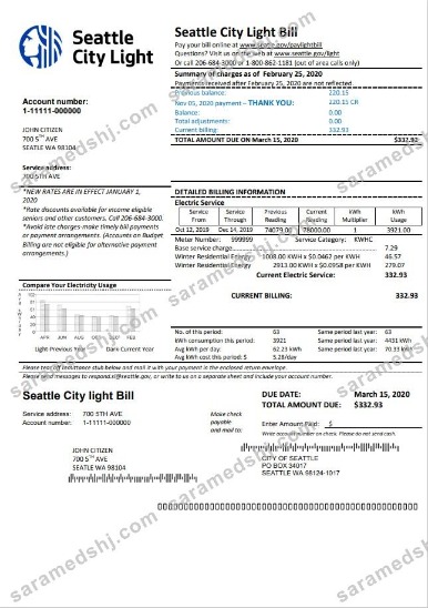 USA Washington Seattle City Light utility bill template in Word and PDF format